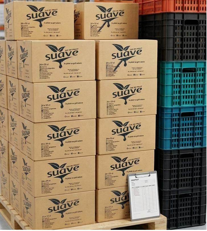 Palette de cartons Suave prêts pour l'expédition, avec la fiche de contrôle de lot.
