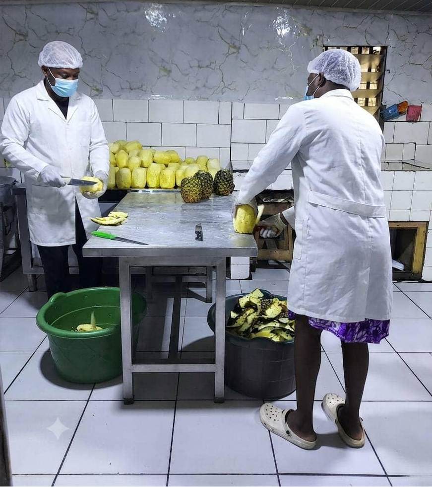 Deux employés épluchent des ananas au couteau sur la table de découpe.
